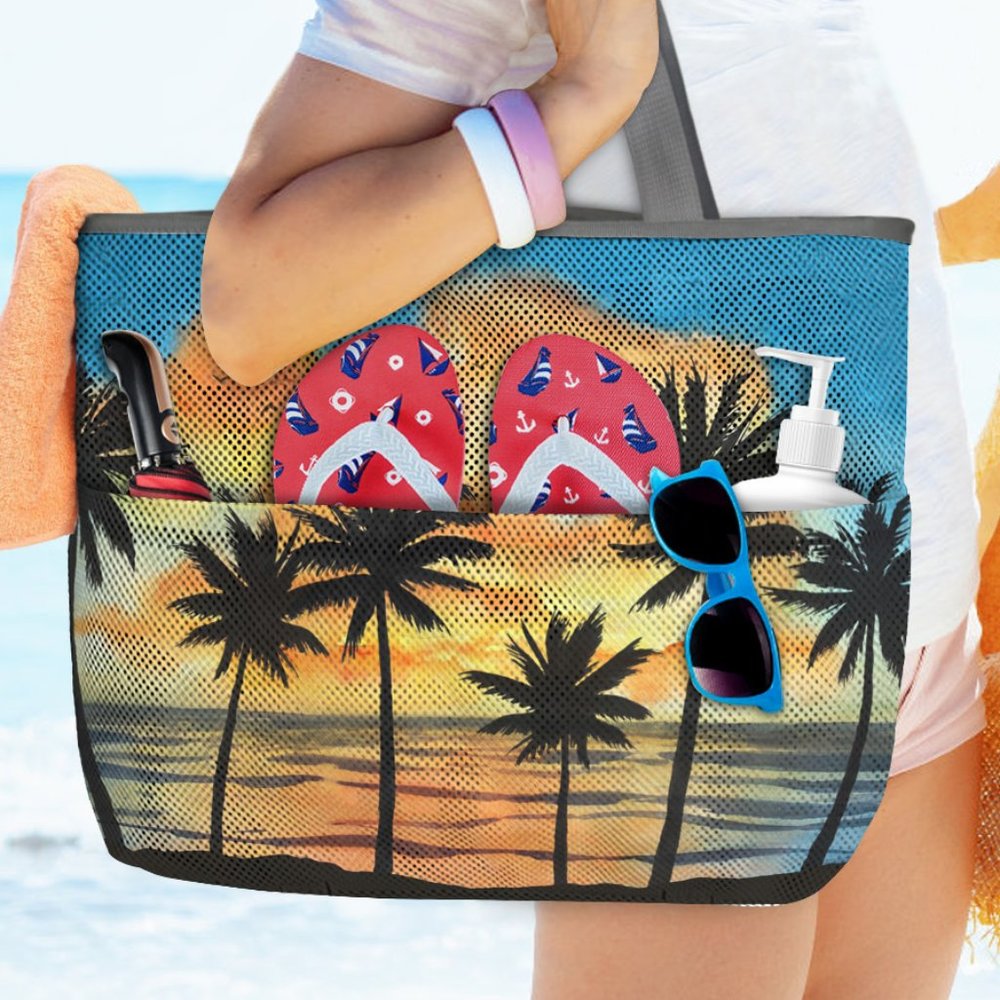 Large Sunset  Beach Patterned 7 Pocket Mesh Sand-Proof Beach Bag